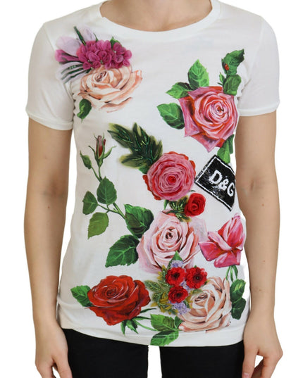 Dolce & Gabbana White Rose DGLogo Printed Short Sleeves Top