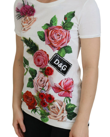 Dolce & Gabbana White Rose DGLogo Printed Short Sleeves Top
