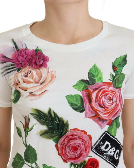 Dolce & Gabbana White Rose DGLogo Printed Short Sleeves Top