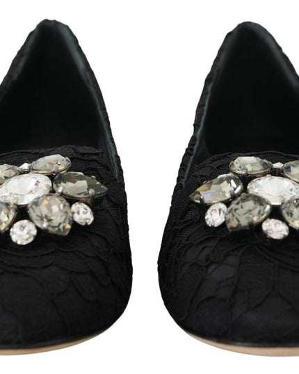 Dolce & Gabbana Black Taormina Lace Crystals Flats Shoes