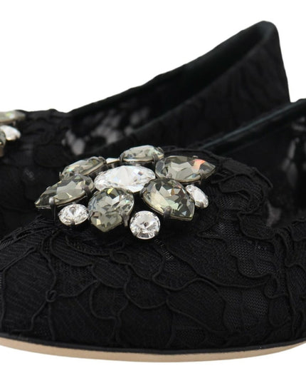 Dolce & Gabbana Black Taormina Lace Crystals Flats Shoes