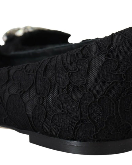 Dolce & Gabbana Black Taormina Lace Crystals Flats Shoes