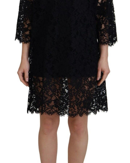Dolce & Gabbana Black Floral Lace Cotton Shift Mini Dress