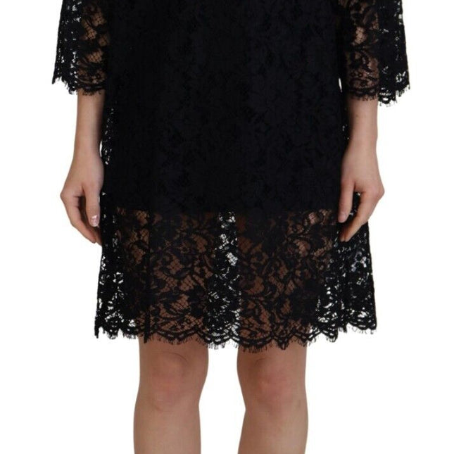 Dolce & Gabbana Black Floral Lace Cotton Shift Mini Dress
