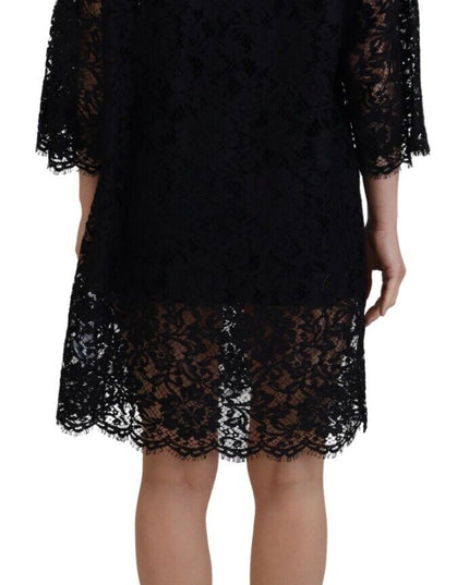 Dolce & Gabbana Black Floral Lace Cotton Shift Mini Dress
