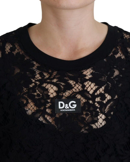 Dolce & Gabbana Black Floral Lace Cotton Shift Mini Dress