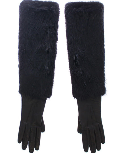 Dolce & Gabbana Black Beaver Fur Lambskin Leather Elbow Gloves