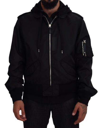 Dolce & Gabbana Black Nylon Hooded Full Zip Men Coat Jacket