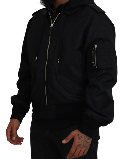 Dolce & Gabbana Black Nylon Hooded Full Zip Men Coat Jacket