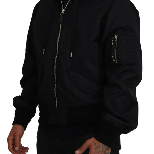 Dolce & Gabbana Black Nylon Hooded Full Zip Men Coat Jacket