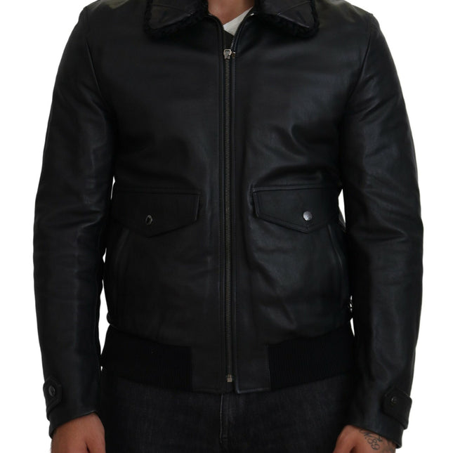 Dolce & Gabbana Black Lamb Leather Collared Men Coat Jacket