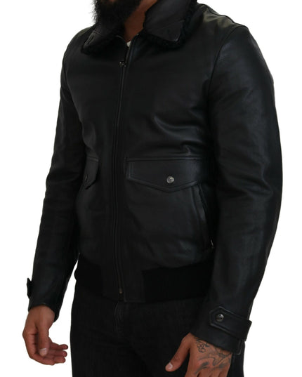 Dolce & Gabbana Black Lamb Leather Collared Men Coat Jacket