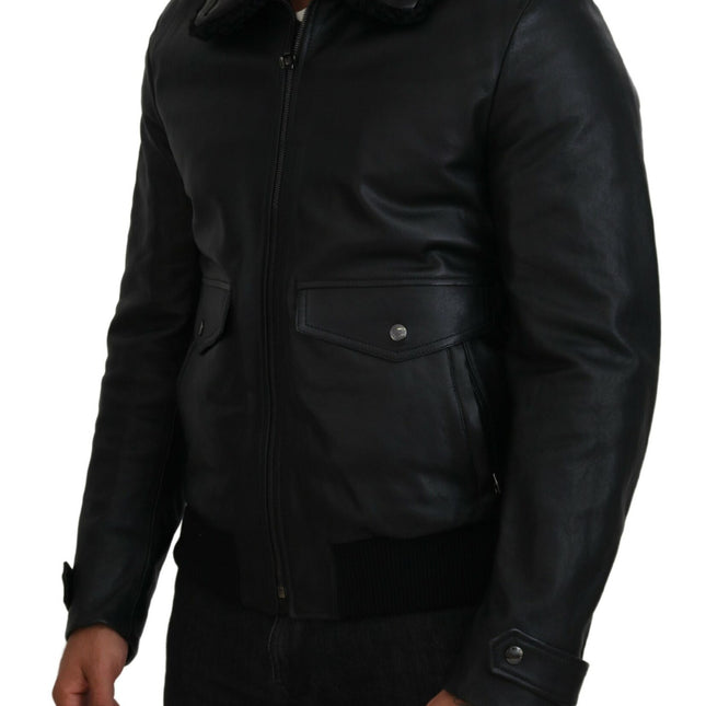 Dolce & Gabbana Black Lamb Leather Collared Men Coat Jacket
