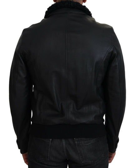 Dolce & Gabbana Black Lamb Leather Collared Men Coat Jacket