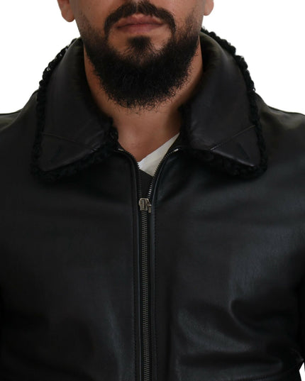 Dolce & Gabbana Black Lamb Leather Collared Men Coat Jacket