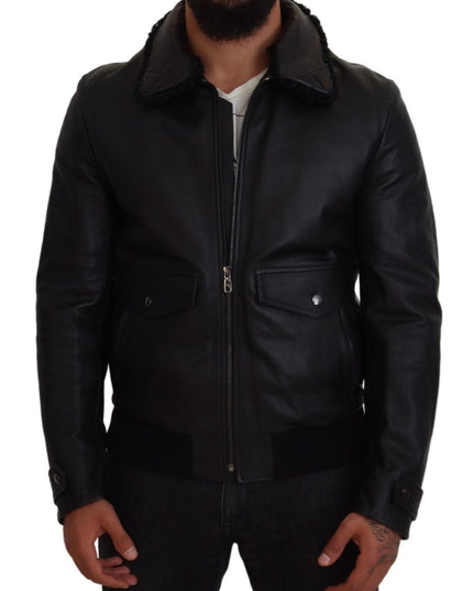 Dolce & Gabbana Black Lamb Leather Collared Men Coat Jacket