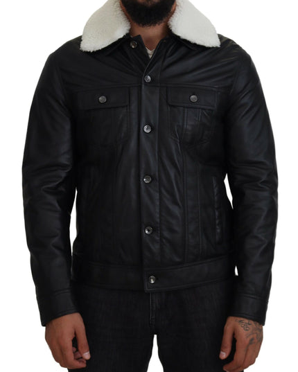 Dolce & Gabbana Black Lamb Leather Collared Men Coat Jacket
