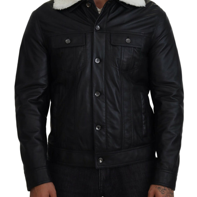 Dolce & Gabbana Black Lamb Leather Collared Men Coat Jacket