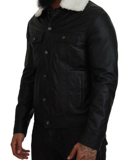 Dolce & Gabbana Black Lamb Leather Collared Men Coat Jacket
