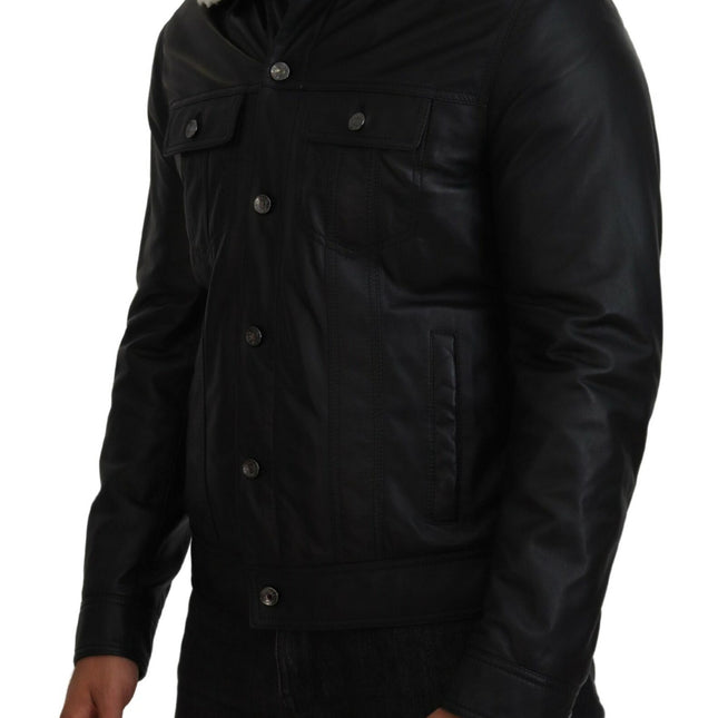 Dolce & Gabbana Black Lamb Leather Collared Men Coat Jacket