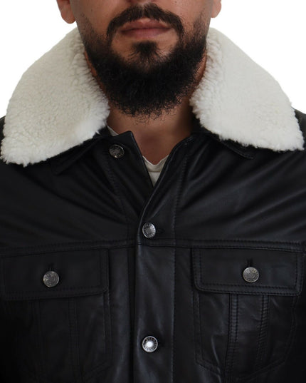 Dolce & Gabbana Black Lamb Leather Collared Men Coat Jacket