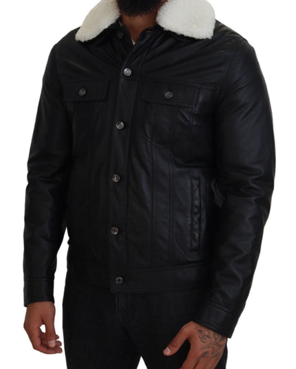 Dolce & Gabbana Black Lamb Leather Collared Men Coat Jacket