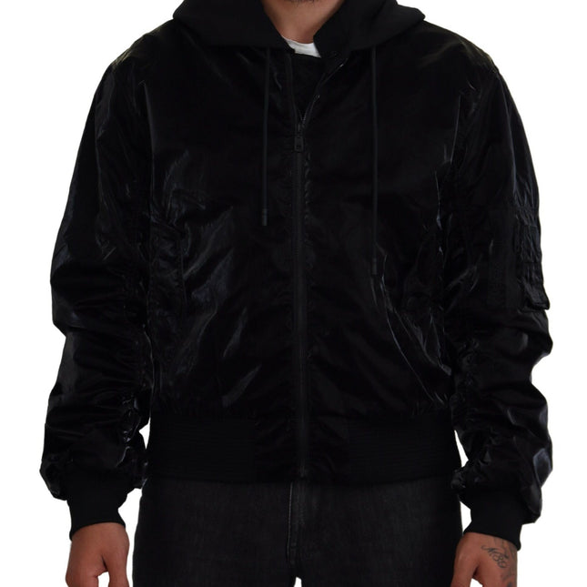 Dolce & Gabbana Black Nylon Hooded Full Zip Bomber Jacket