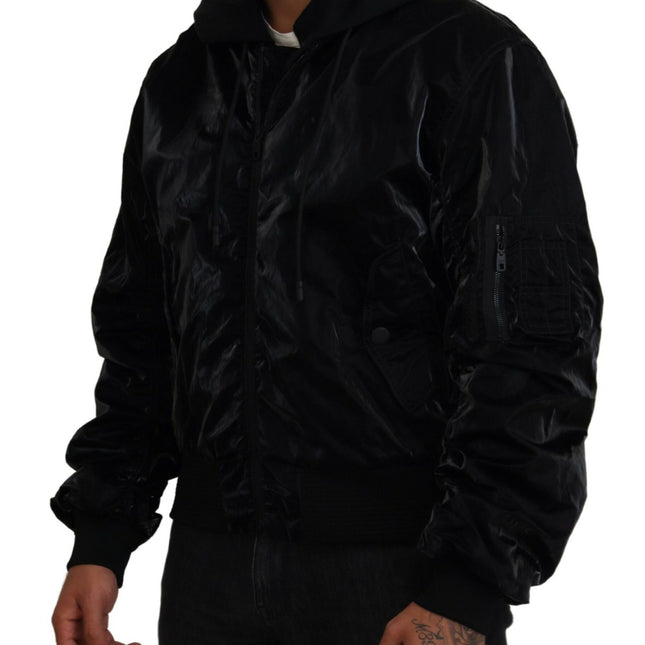 Dolce & Gabbana Black Nylon Hooded Full Zip Bomber Jacket