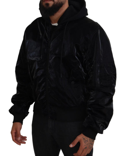 Dolce & Gabbana Black Nylon Hooded Full Zip Bomber Jacket