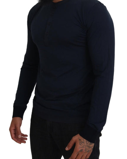 Dolce & Gabbana Blue Cotton Button Crewneck Pullover Sweater
