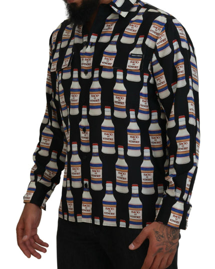 Dolce & Gabbana Black Silk Printed Collared Men Casual Shirt