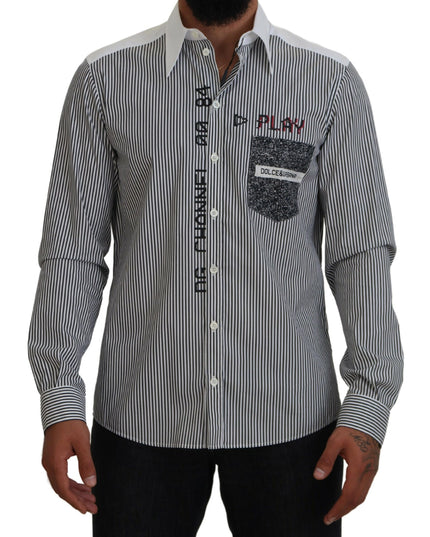 Dolce & Gabbana Black White Striped Printed Casual Cotton Shirt