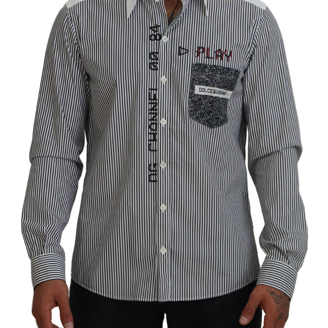 Dolce & Gabbana Black White Striped Printed Casual Cotton Shirt