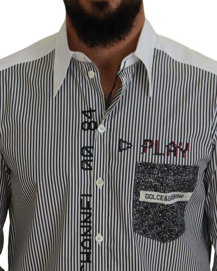 Dolce & Gabbana Black White Striped Printed Casual Cotton Shirt