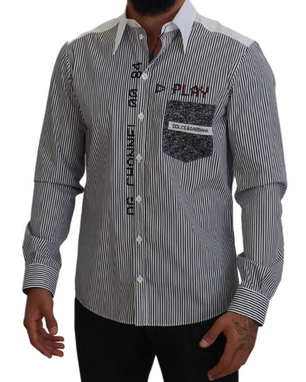 Dolce & Gabbana Black White Striped Printed Casual Cotton Shirt