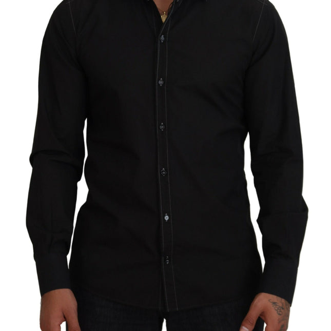 Dolce & Gabbana Black Cotton Collared Long Sleeve GOLD Shirt
