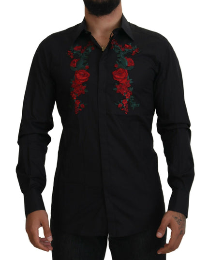 Dolce & Gabbana Black Floral Embroidery Men Long Sleeves GOLD Shirt