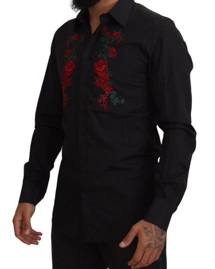 Dolce & Gabbana Black Floral Embroidery Men Long Sleeves GOLD Shirt
