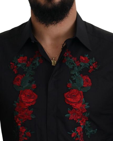 Dolce & Gabbana Black Floral Embroidery Men Long Sleeves GOLD Shirt