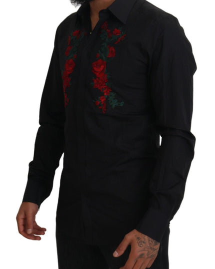 Dolce & Gabbana Black Floral Embroidery Men Long Sleeves GOLD Shirt