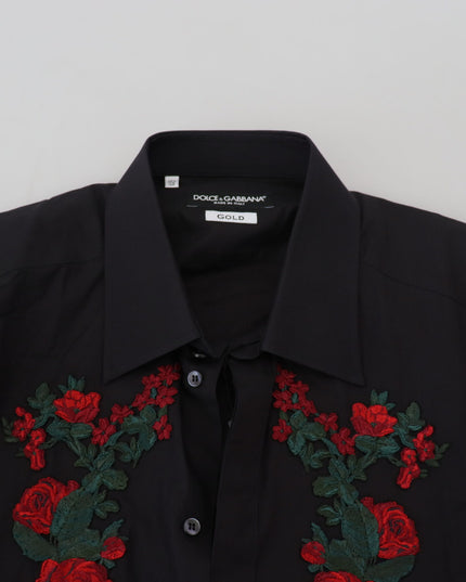 Dolce & Gabbana Black Floral Embroidery Men Long Sleeves GOLD Shirt
