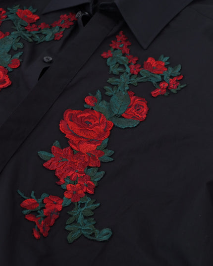 Dolce & Gabbana Black Floral Embroidery Men Long Sleeves GOLD Shirt