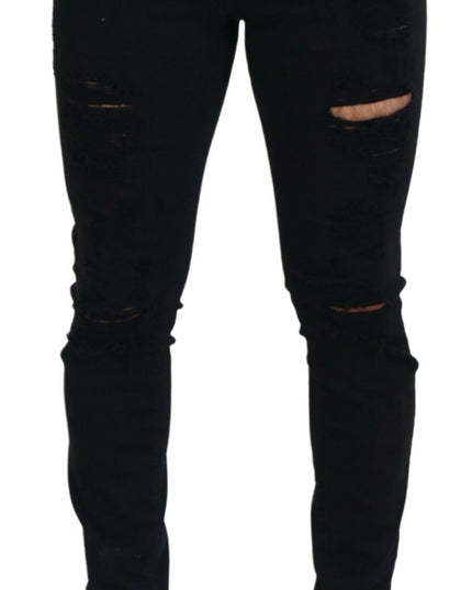Dolce & Gabbana Black Slim Fit Tattered Denim Cotton Jeans