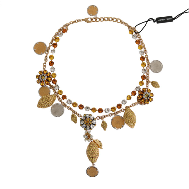 Dolce & Gabbana Gold Brass Crystal Logo Pineapple Statement Necklace