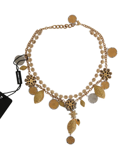 Dolce & Gabbana Gold Brass Crystal Logo Pineapple Statement Necklace