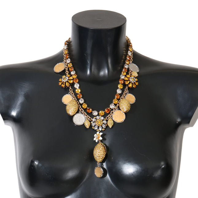 Dolce & Gabbana Gold Brass Crystal Logo Pineapple Statement Necklace