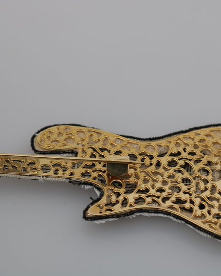 Dolce & Gabbana Gold Brass Beaded Guitar Pin Accessory Brooch