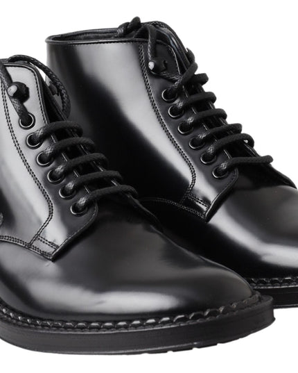 Dolce & Gabbana Black Leather Men Short Boots Lace Up Shoes