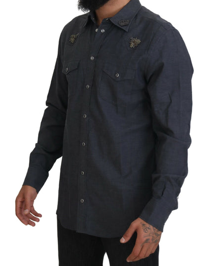 Dolce & Gabbana Blue Cotton Denim Crystal Bee Shirt