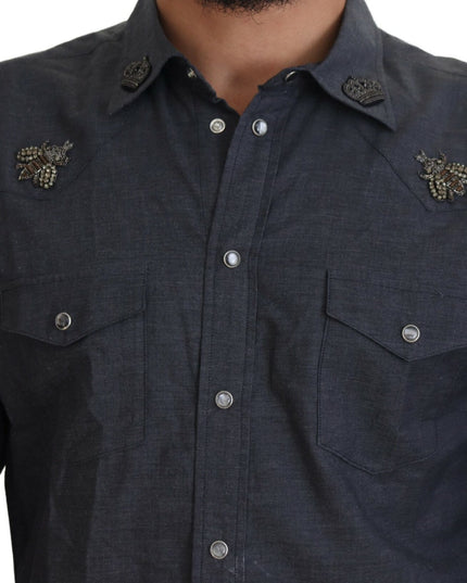 Dolce & Gabbana Blue Cotton Denim Crystal Bee Shirt